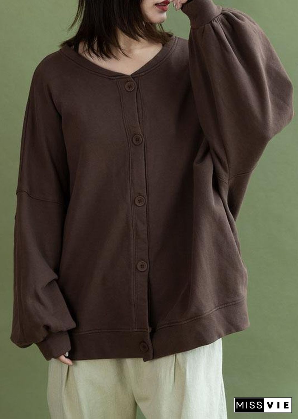 French lantern sleeve Button Down cotton tops women design chocolate shirt fall