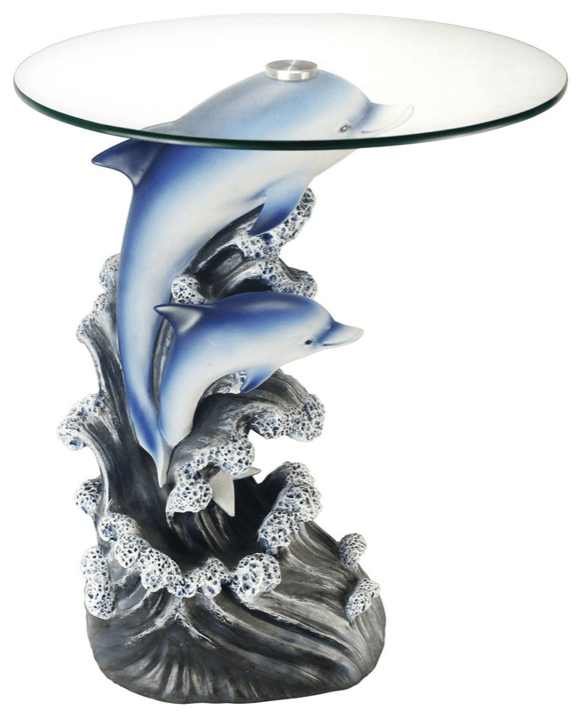 24 quotBlue And Clear Glass Polyresin Dolphins Round End Table   Beach Style   Side Tables And End Tables   by HomeRoots  Houzz