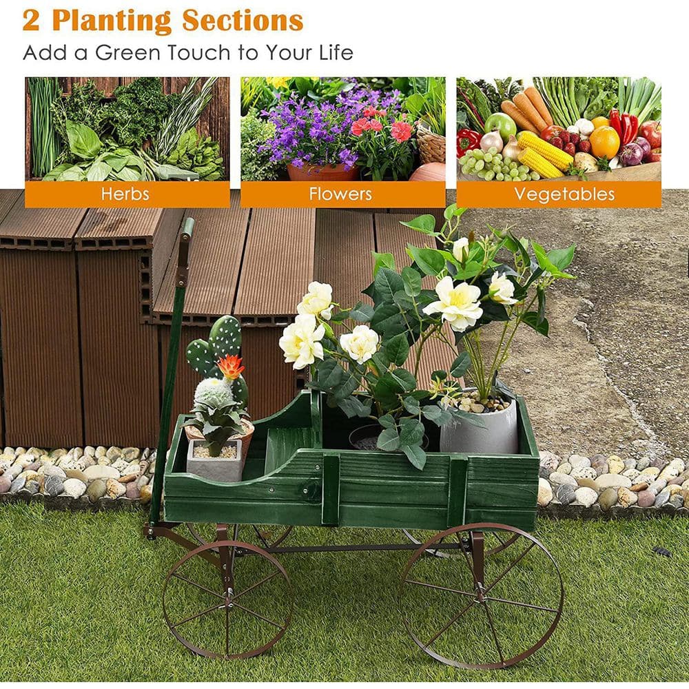 Alpulon Wooden Wagon Plant Bed in Green with Metal Wheels ZMWV540-G