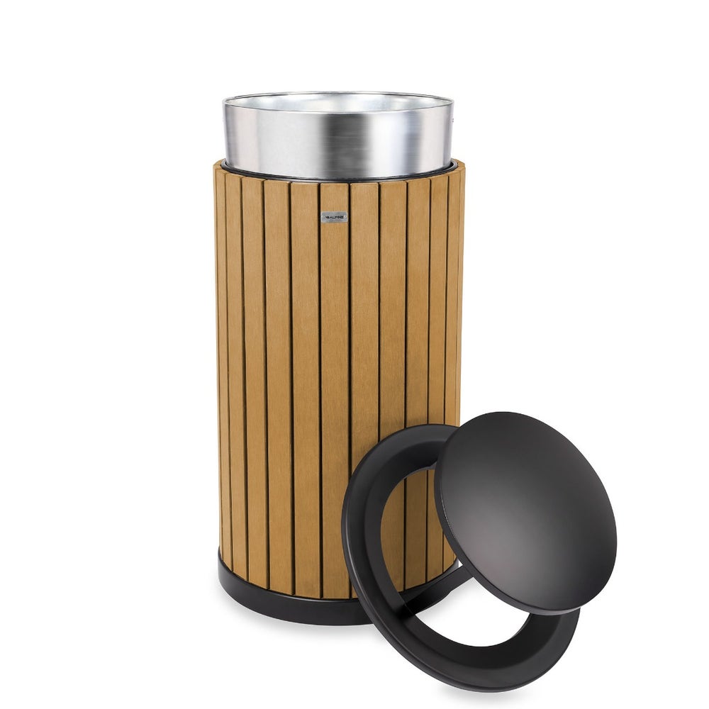 Alpine ALP4400-01-CD-RB Round 32-Gallon Outdoor Trash Can with Recycled Plastic Panels and Rain Bonnet Lid， Cedar