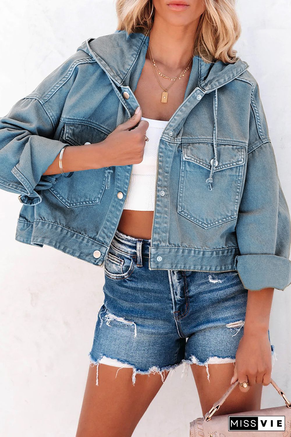 Open Button Pocket Short Length Denim Jacket with Hood