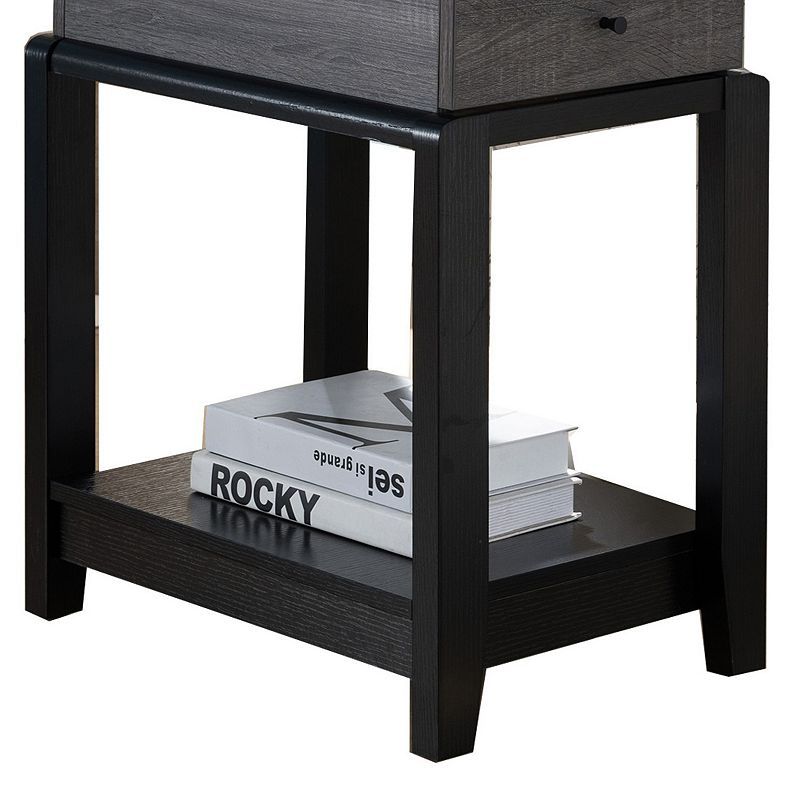 Wooden Chairside Table With Bottom Shelf， Distressed Gray And Black