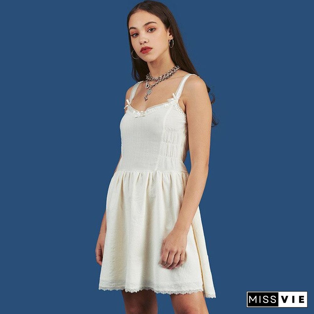 Girl Aesthetics Straped Summer Dresses Y2K Fashion Sleeveless A-line Ruched Mini Dress V-neck Vintage White Dress