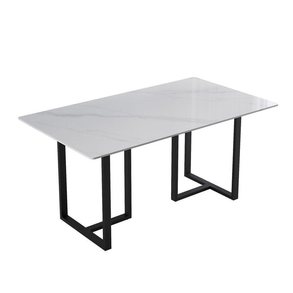 Modern 71L x 35W White Rectangular Marble Dining Table with Steel Legs