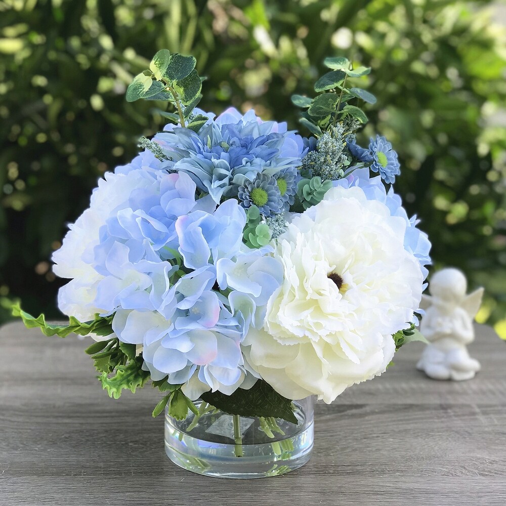 Enova Home Artificial Mixed Silk Peony and Hydrangea Fake Flowers Arrangement in Clear Glass Vase for Home Decor (Cream Blue)