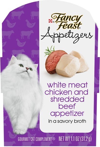 Fancy Feast Appetizers Grain-Free White Meat Chicken and Shredded Beef Appetizer in Savory Broth Wet Cat Food， 1.1-oz tray， case of 10