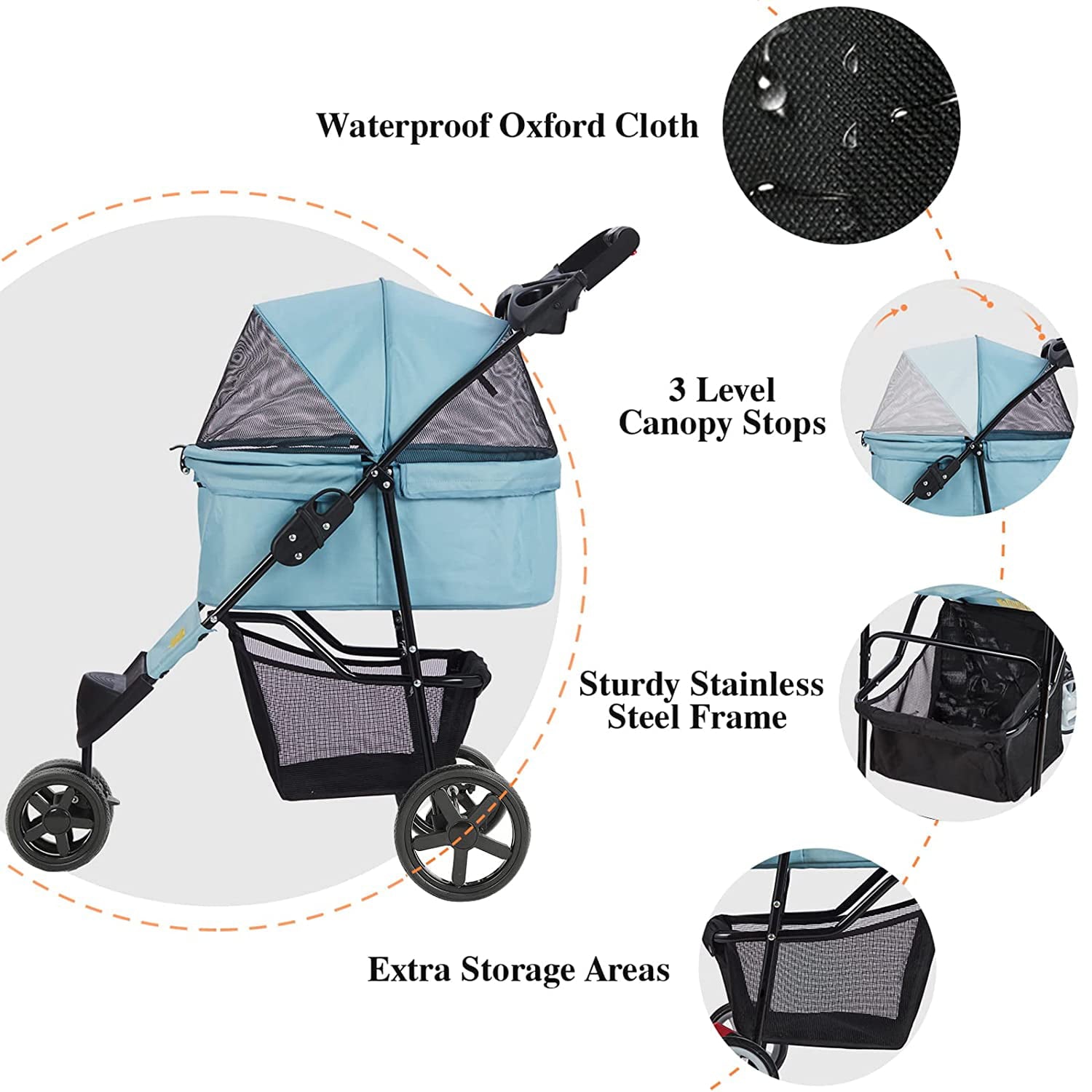 Pet Strollers for Small Medium Dogs and Cats， Folding Dog Stroller Traveling Strolling Cart with 3-Wheel and Removable Liner and Storage Basket， Light Blue