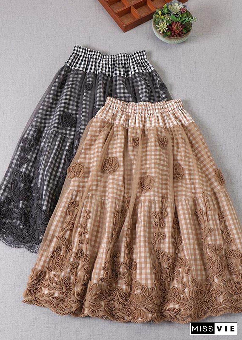 Boutique Khaki Plaid Tulle Patchwork Fall Floral Skirts