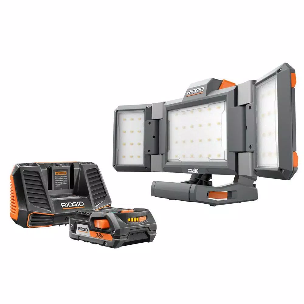 RIDGID 18-Volt Hybrid Folding Panel Light with 18-Volt Lithium-Ion 2.0 Ah Battery and Charger Kit and#8211; XDC Depot