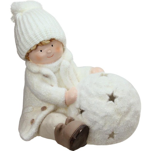 White Christmas Snowball With Sitting Boy Tealight Candle Holder