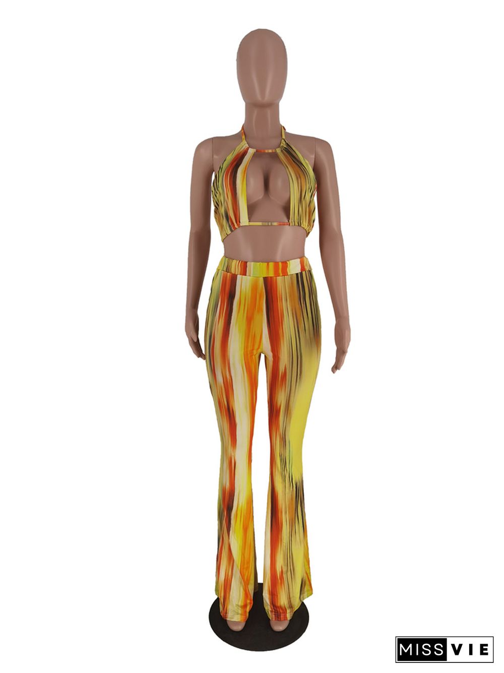 Tie Dye Halter Crop Top and Flared Pants Matching Suit