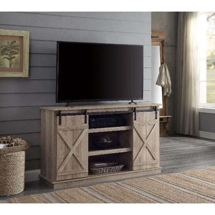 Industrial Wood TV Stand with Open Shelves  2 Sliding Doors and Cable Management Hole