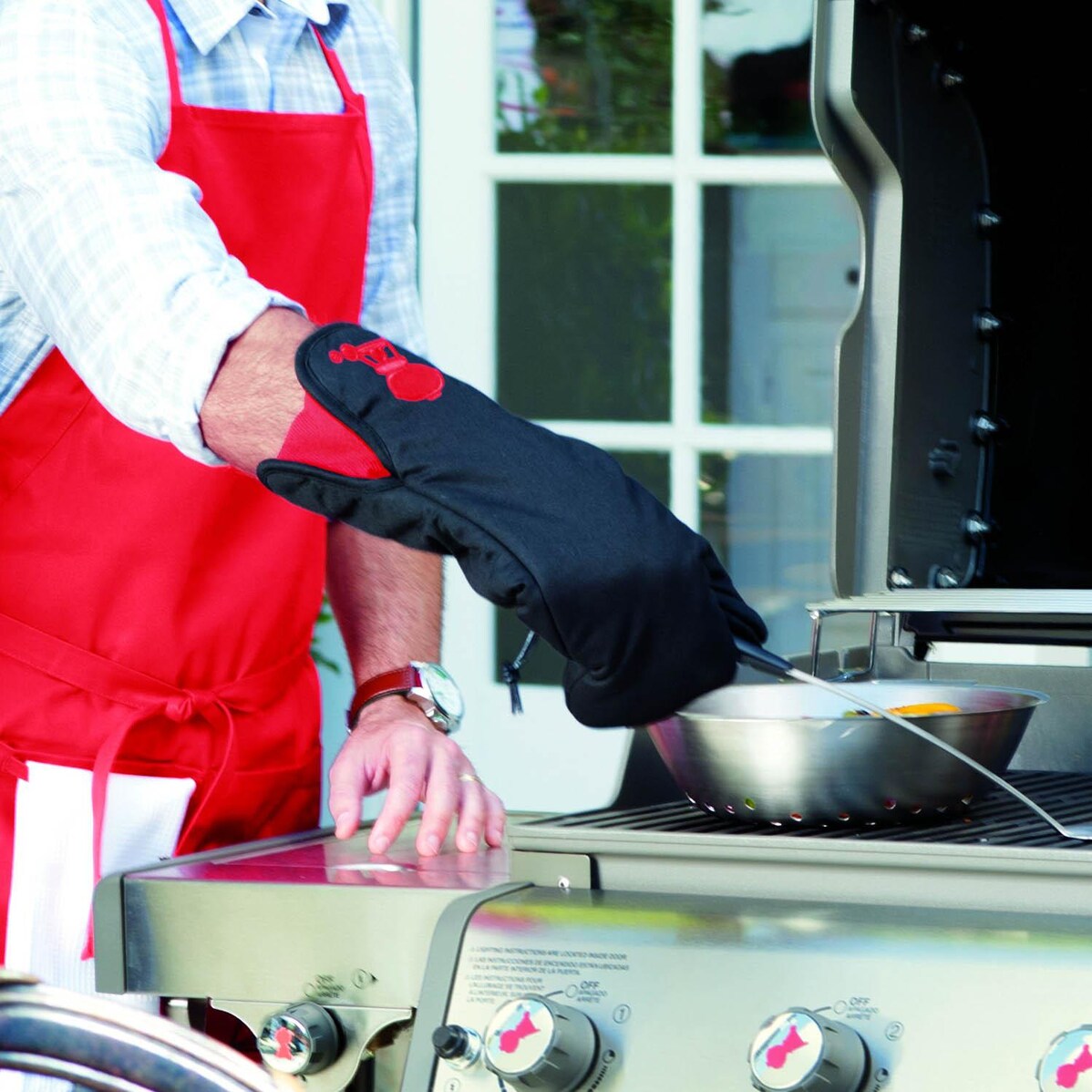 Weber 6532 Black With Red Kettle Cotton Grill Glove With Extra Long Cuff