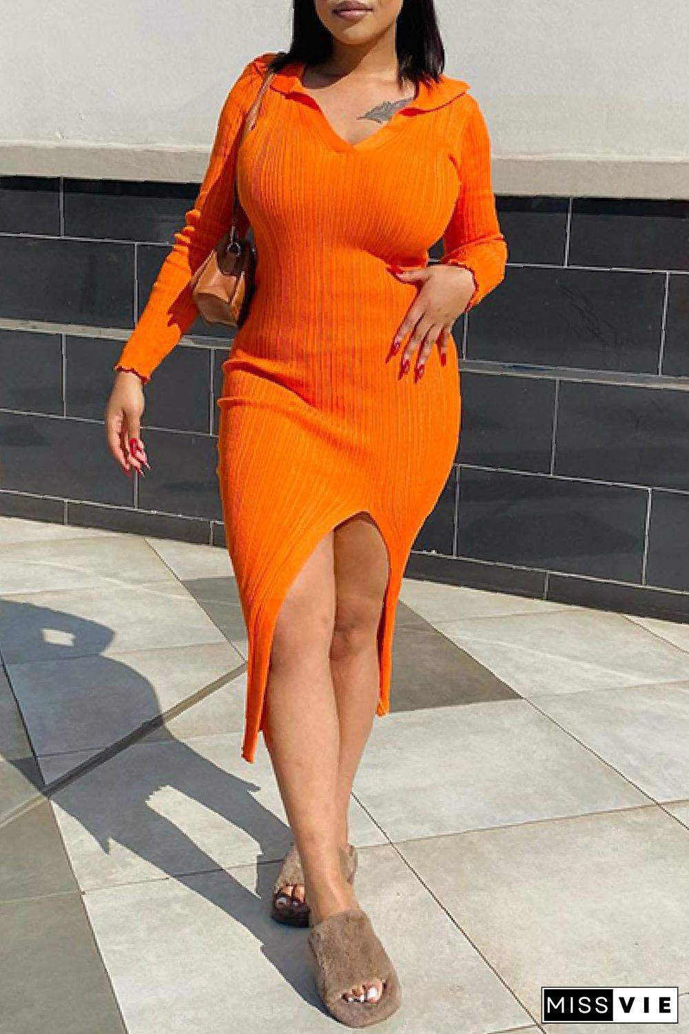 Casual Solid Slit V Neck Long Sleeve Dresses