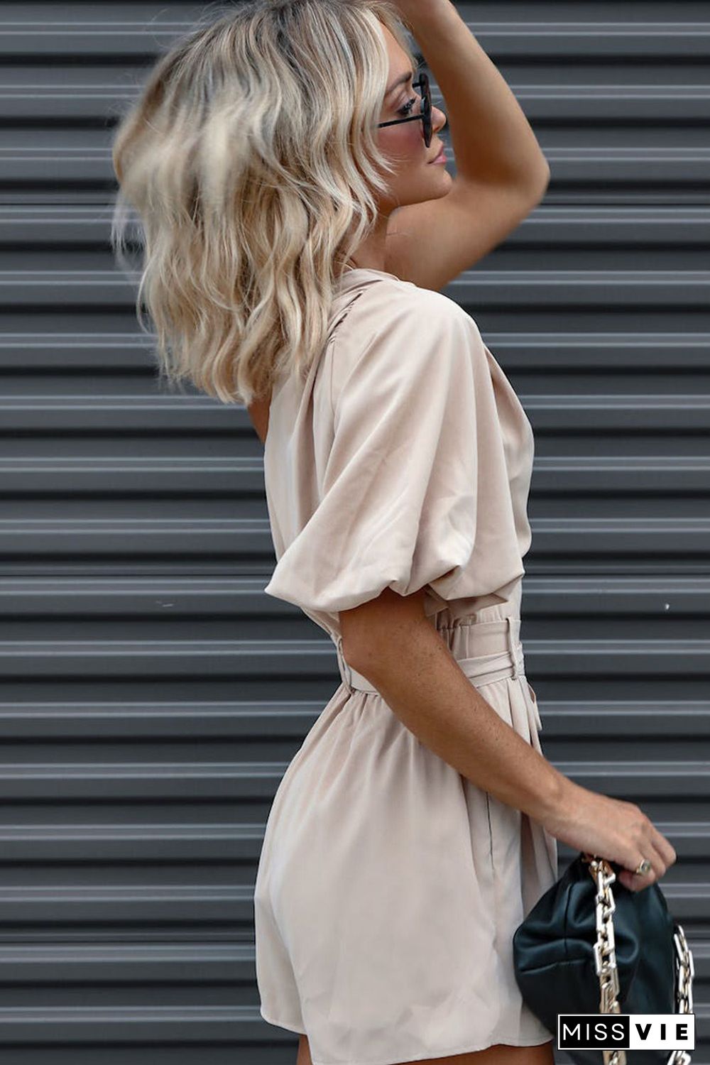 White One Shoulder Puff Sleeve Front Tie Romper