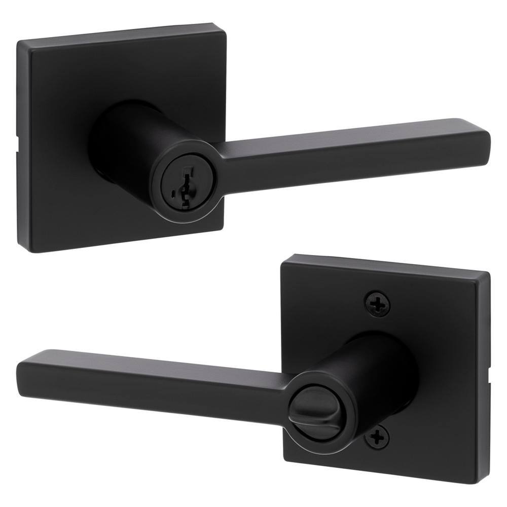 Kwikset Halifax Square Matte Black Keyed Entry Door Handle Featuring SmartKey Security 740HFLSQ514SCP4