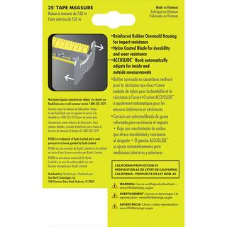 RYOBI 25 ft. Tape Measure with Overmold and Wireform Belt Clip RTM25