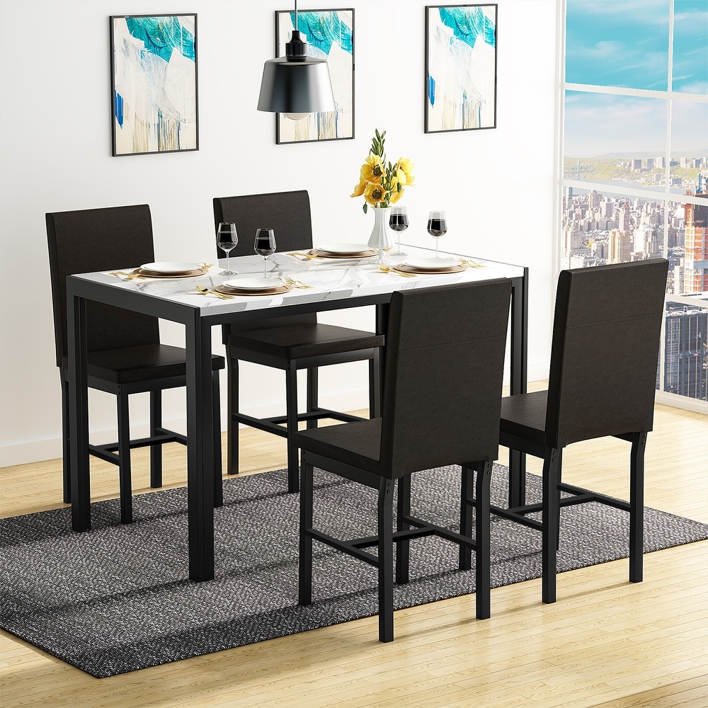 Mieres 5 Piece Dining Table Set with Faux Marble Top and 4 PU Leather Upholstery Chairs for Kitchen Dining Room