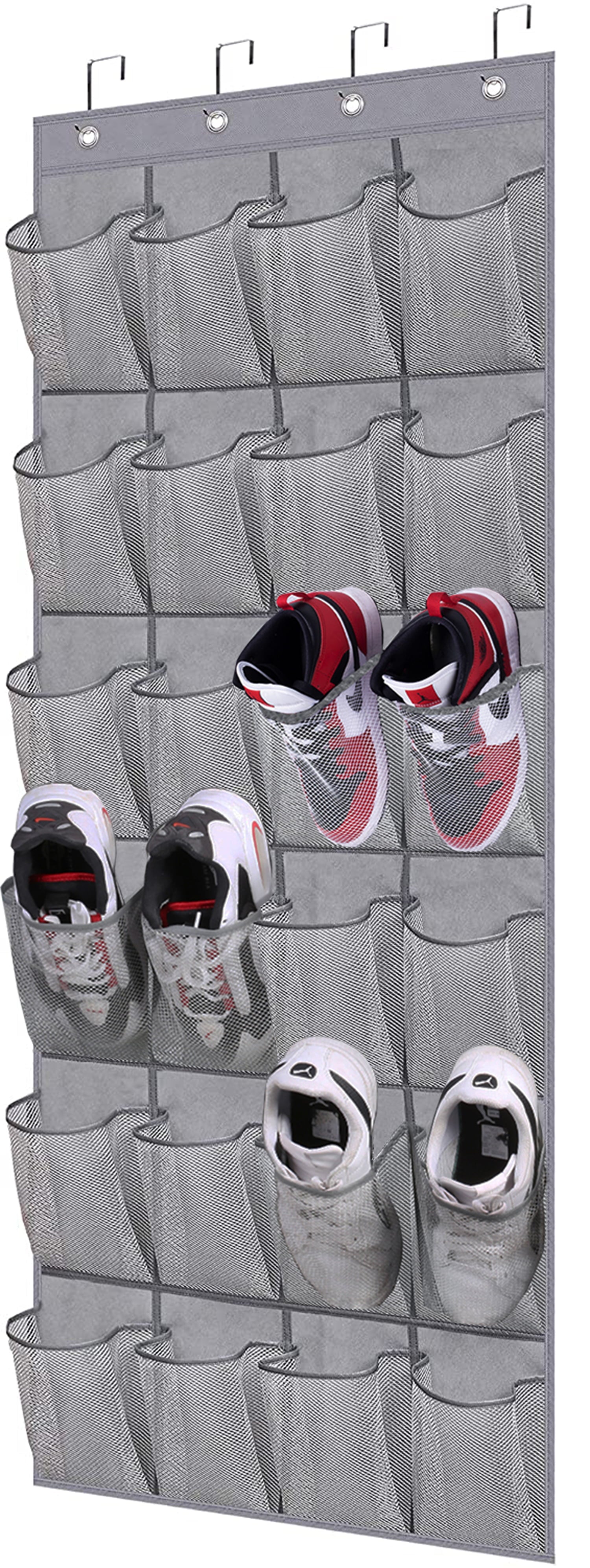 MISSLO 24 Pockets Closet Shoe Organizer Large Hanging Door Shoe Rack for Men Kids Over the Door Mesh Shoe Storage Hanger Holder， Gray