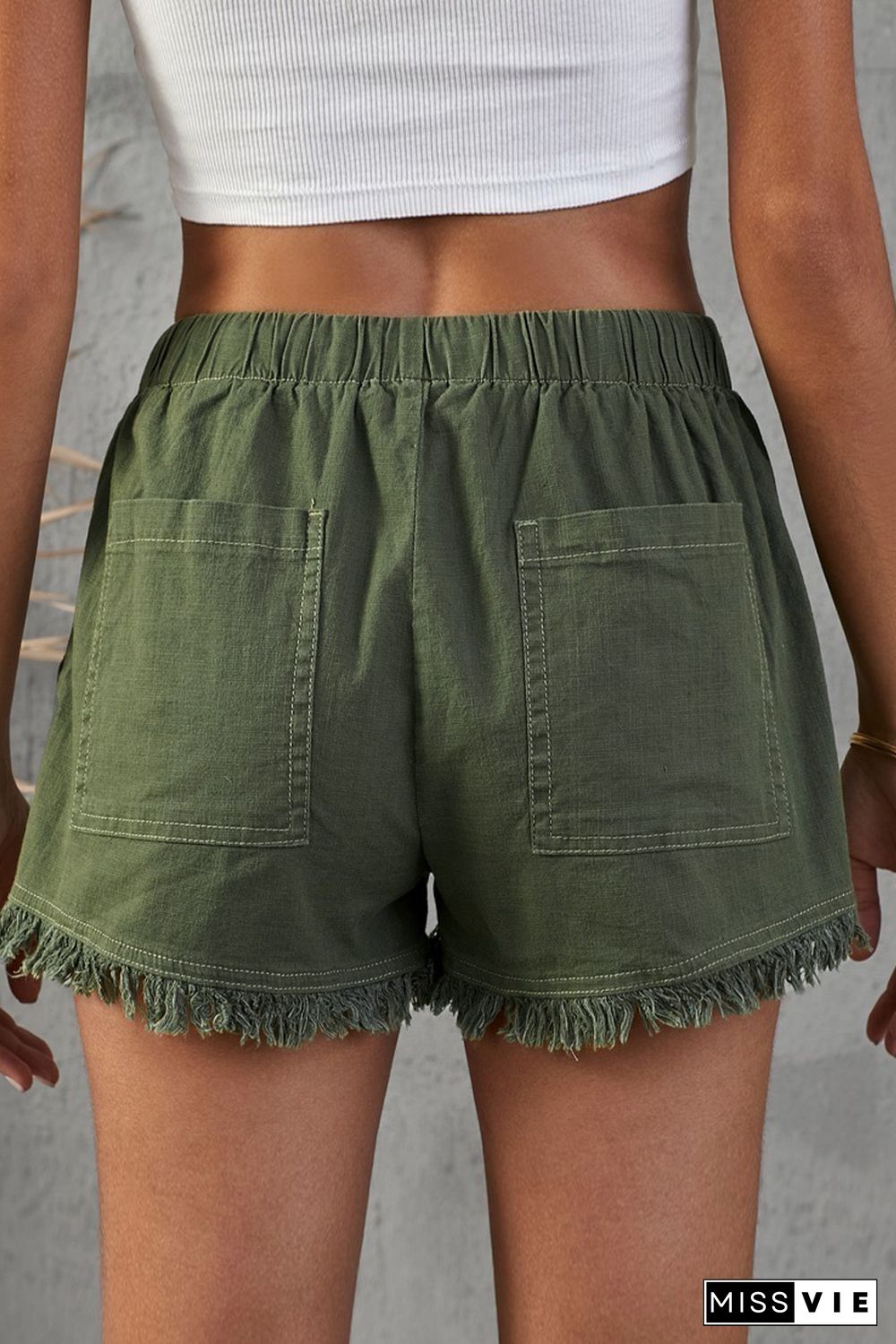 Green Casual Pocketed Frayed Denim Shorts