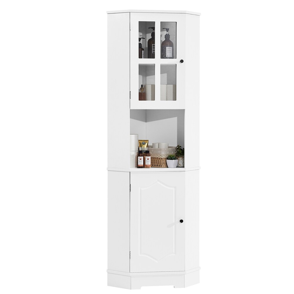 Tall Bathroom Storage Cabinet  Corner Cabinet with Glass Door  Open Storage  Adjustable Shelf