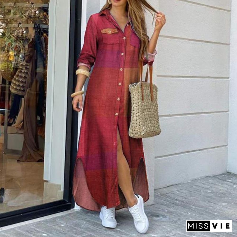 New Fashion Boho Dress Casual Loose Long Sleeve Chain Print Shirt Dress Long Dress Vestidos De Mujer