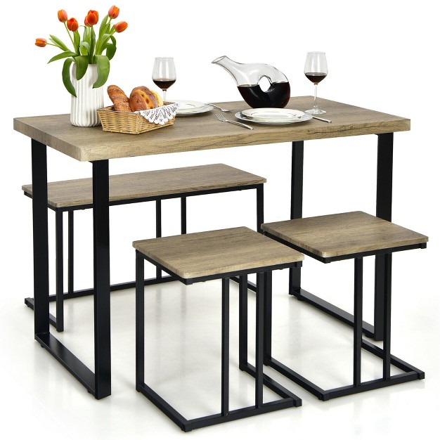 Costway 4 piece Dining Table Set Industrial Dinette Set Kitchen Table W bench amp 2 Stools