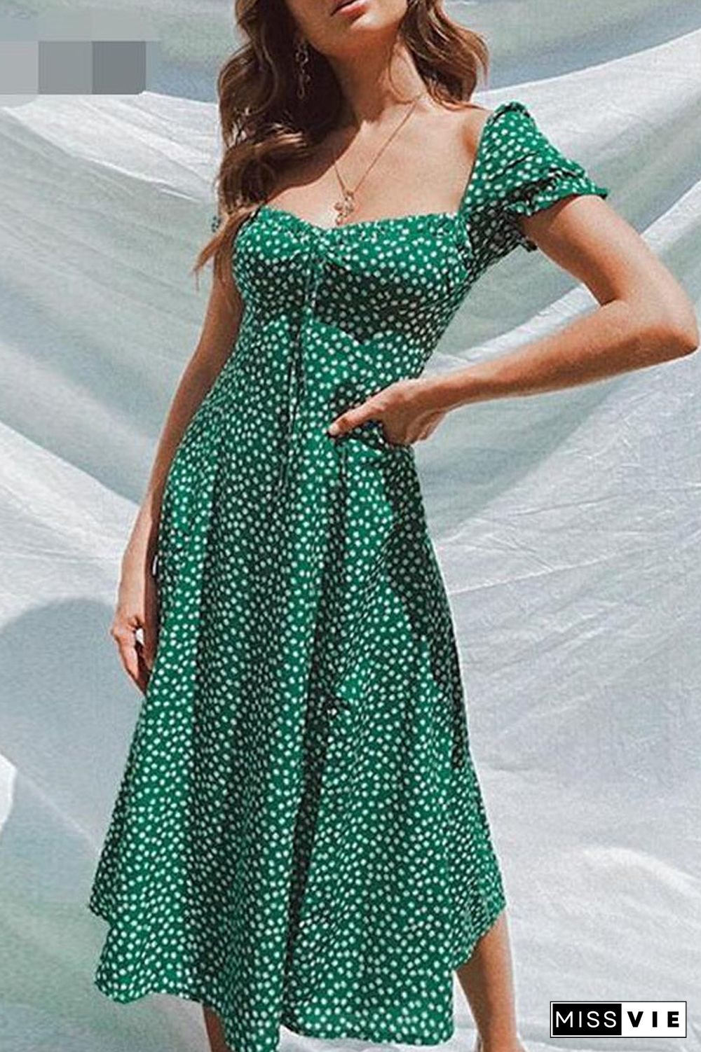 Polka Dot Square Collar Midi Dress