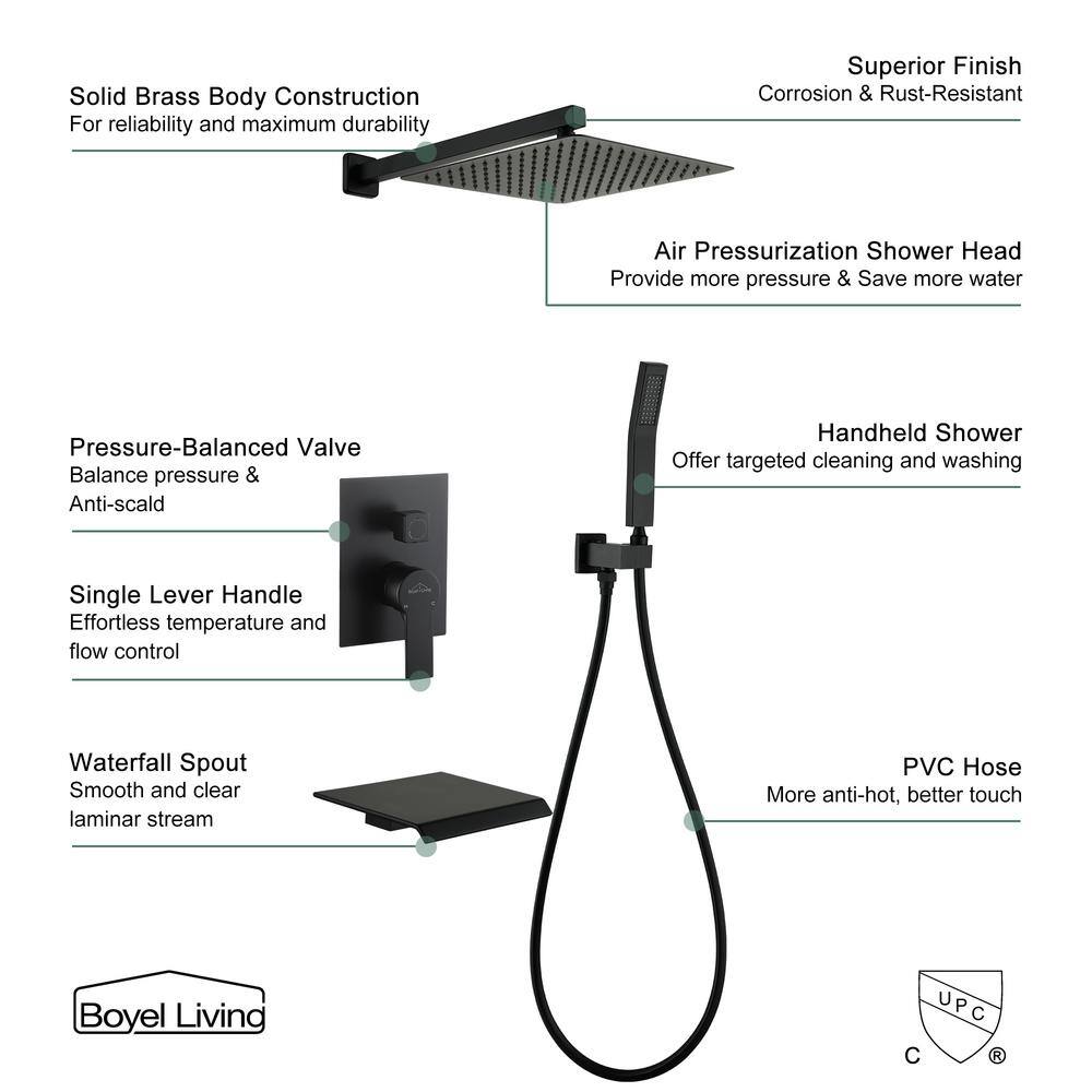 Boyel Living Wall Mount Single-Handle 1-Spray Tub and Shower Faucet in Matte Black - 12 Inch (Valve Included) SMD-88018B-12