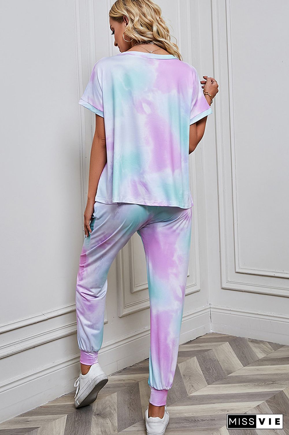 Tie Dye Short Sleeve Top and Drawstring Pants Two Pieces Set