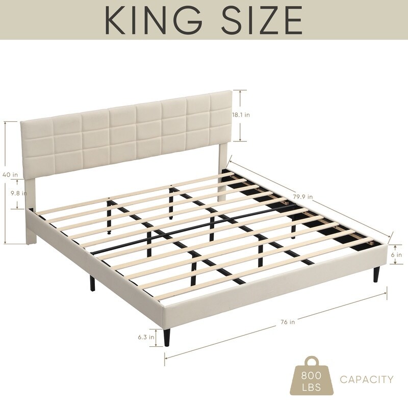 Beige Upholstered Platform Bed with Fabric Upholstered Headboard and Wooden Slats