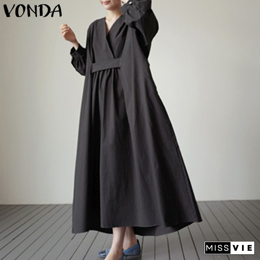 VONDA Casual Black Oversized Maxi Dress Loose Solid Color Autumn Fashion Women's Kaftan Dress