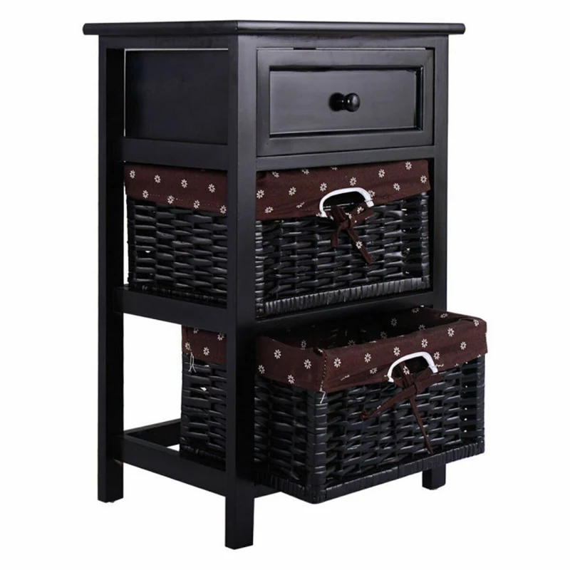 Hivago 3 Tier Set of 2 Wood Nightstand with 1 and 2 Drawer -Black