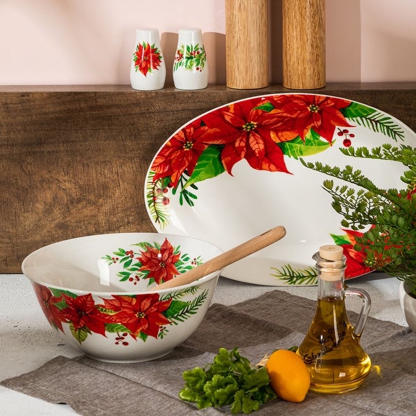 4 Piece Ceramic Serving Set in White With Poinsettia Decorations