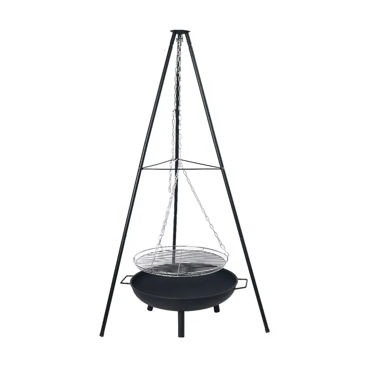 Portable Camping Fire Pit Outdoor Height Adjustable Hanging Tripod with Stainless Steel Barbecue Net and Charcoal Grill