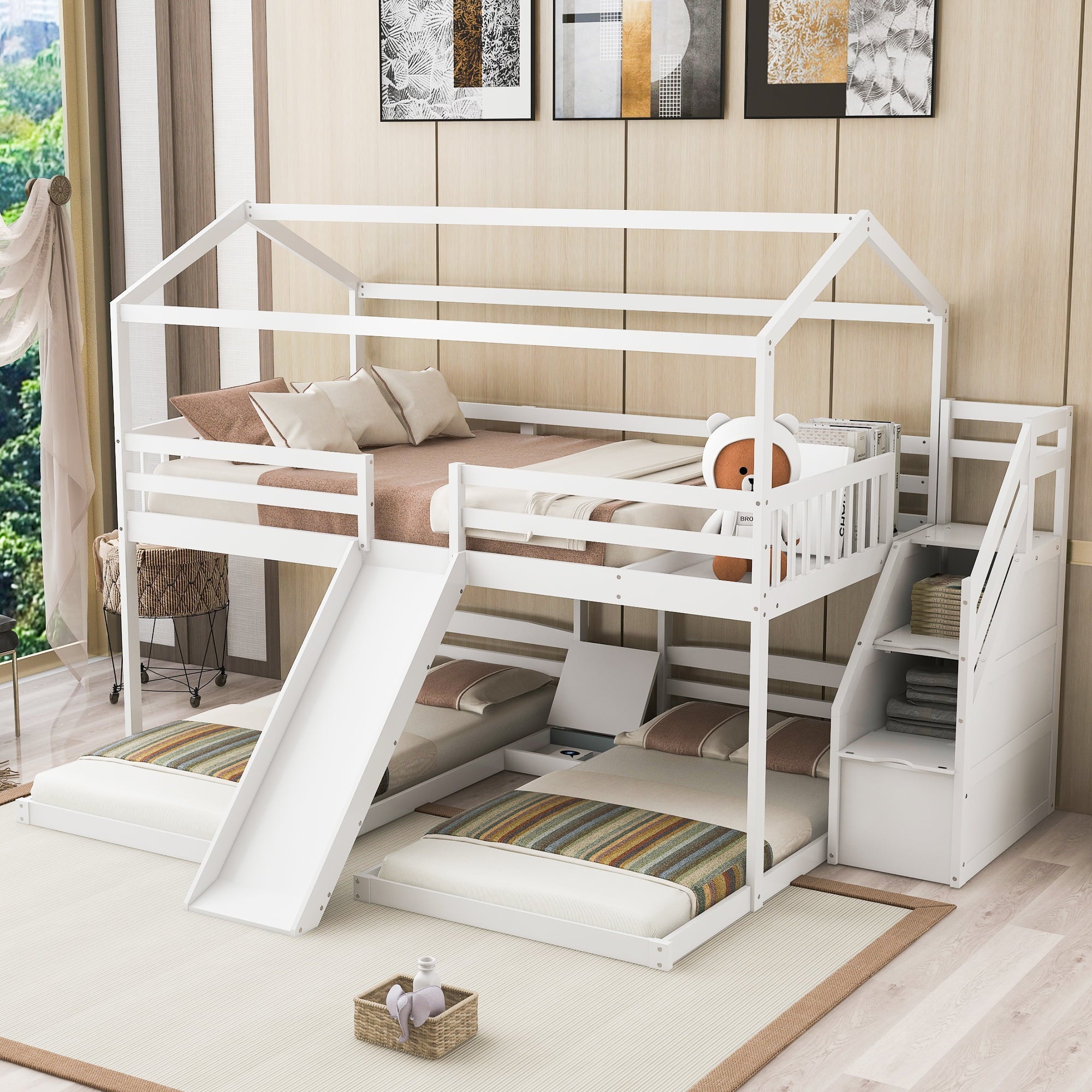 EUROCO Full over Twin & Twin Bunk Bed with Slide and Shelf for Kids, White