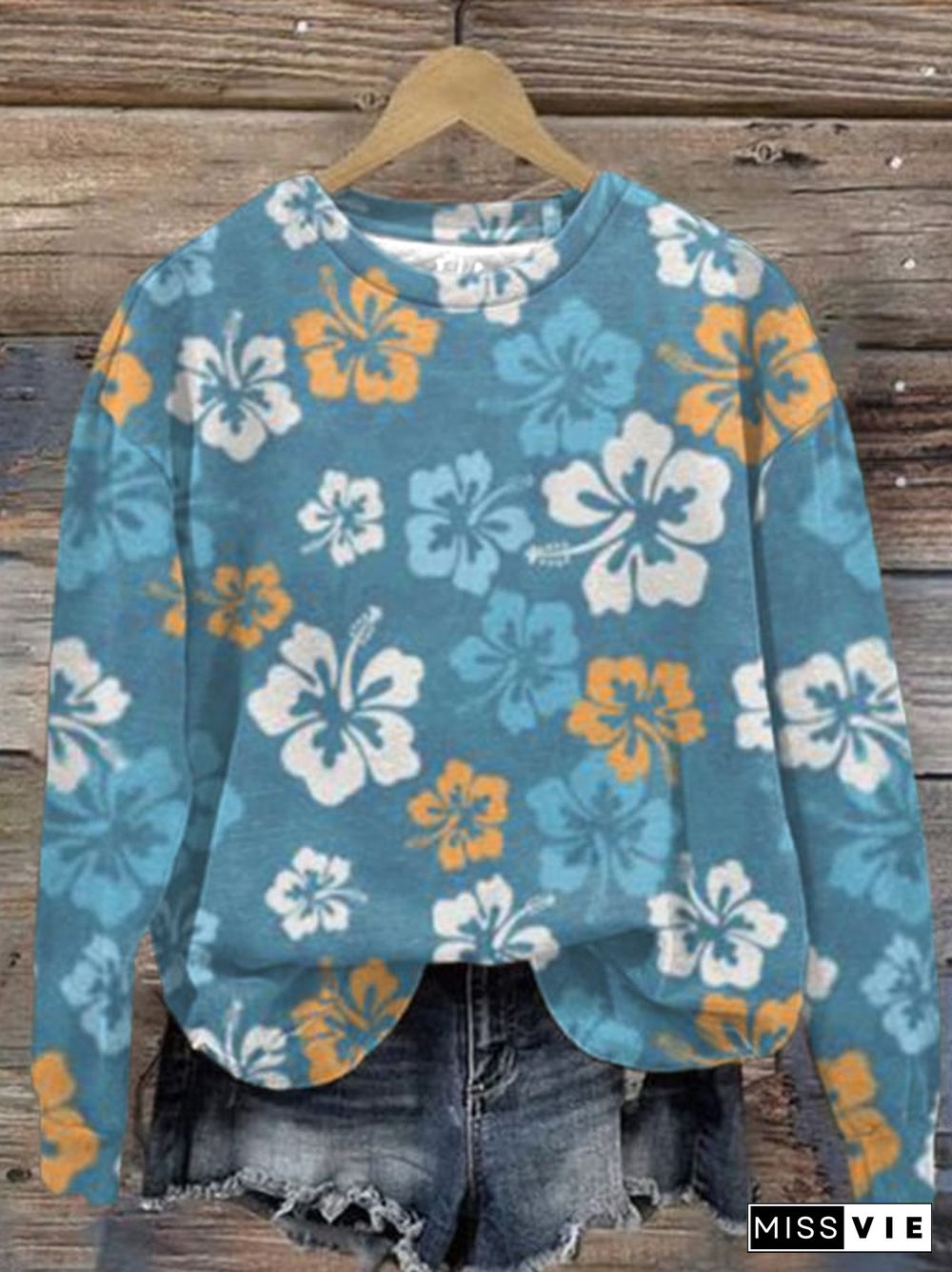 Women's Casual Hawaiian Hibiscus Floral Print Long Sleeve Sweatshirt