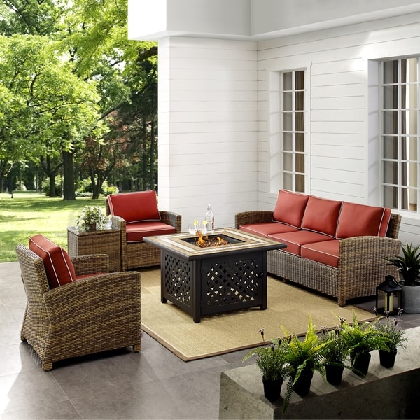 Crosley Bradenton 5Piece Outdoor Wicker Sofa Conversation Set With Sangria Cushions