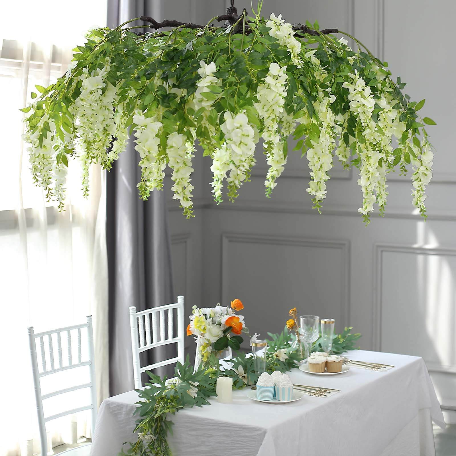 Cream Artificial Silk Wisteria Vine Round Hanging Canopy, Draping Garland Flower Chandelier With Interchangeable Branches 55