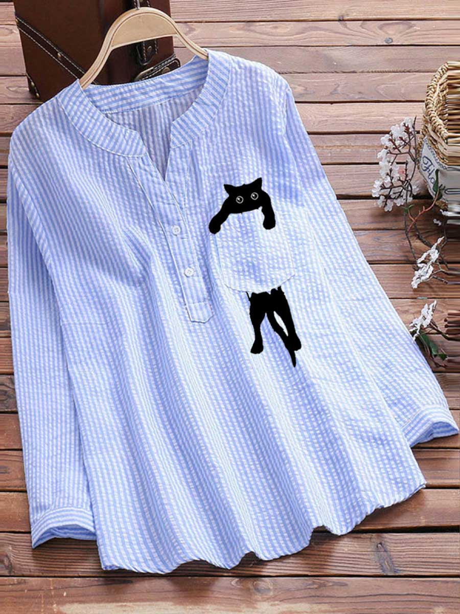 V-neck Cotton And Linen Striped And Cat Print Long Sleeve Blouse