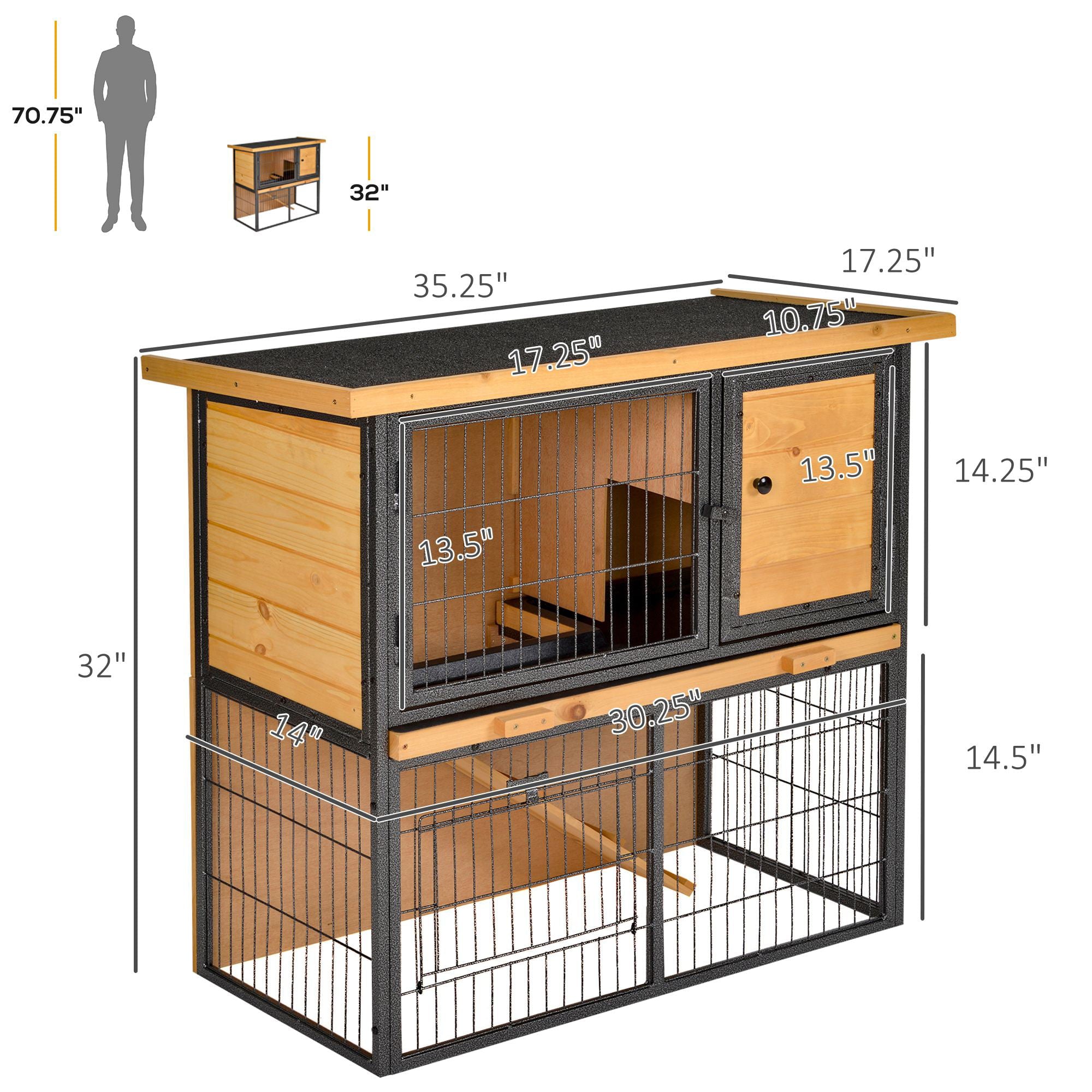 Pawhut Wood-metal Rabbit Hutch Elevated Pet House Bunny Cage Small Animal Habitat with Slide-out Tray Asphalt Openable Roof Lockable Door for Outdoor 35