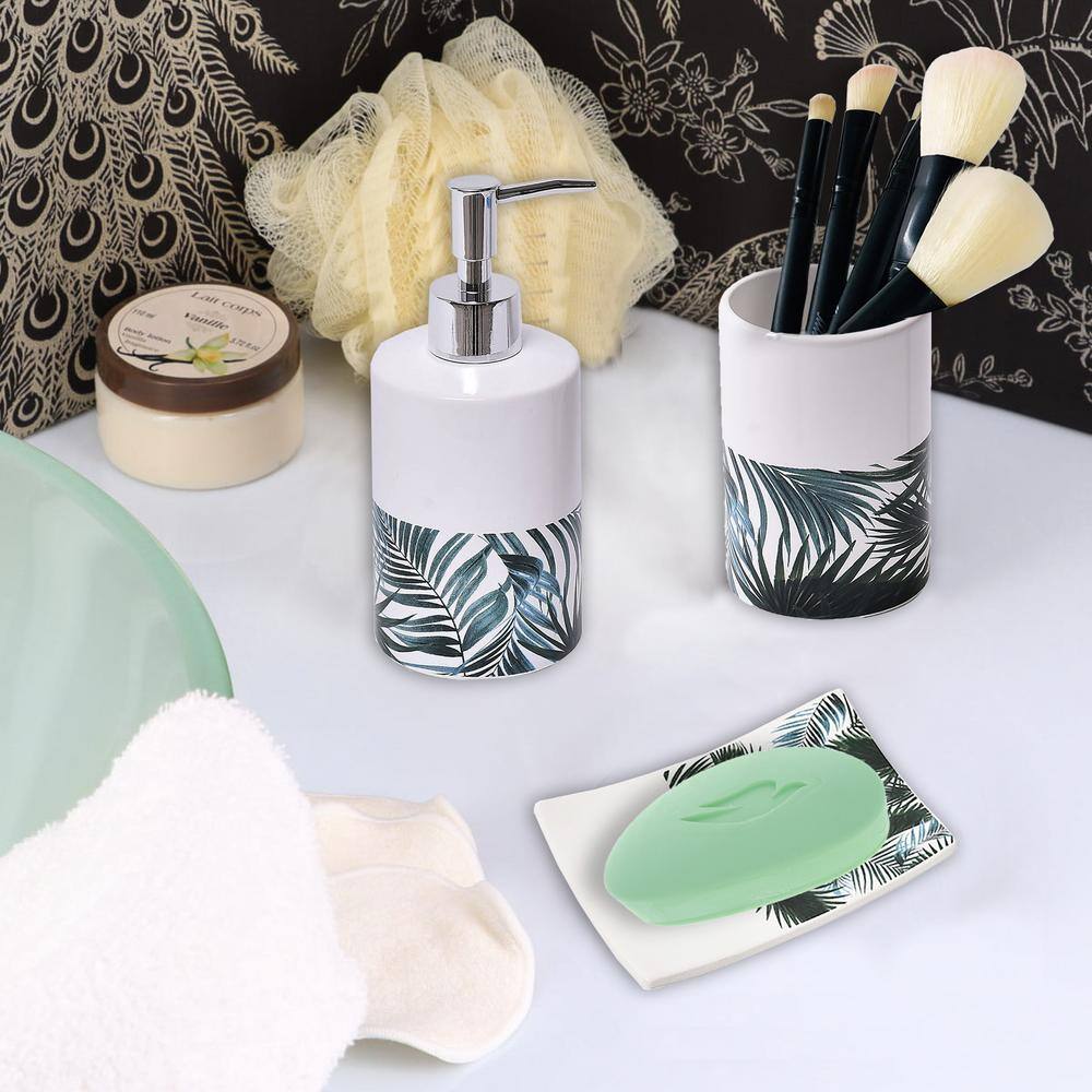 4-Pieces Bath Accessory Set with Soap Pump Tumbler Soap Dish and Toilet Brush Holder in White Dolomite Tropical SET4TROPICAL