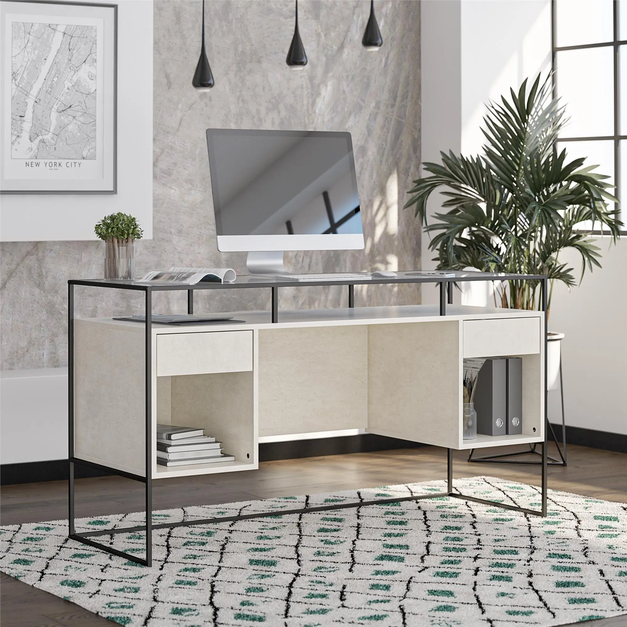 Camley White Storage Desk with 2 Drawers