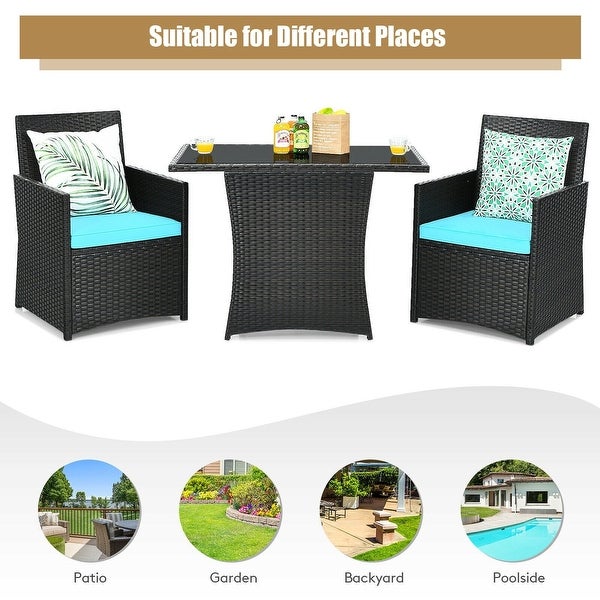 3 Pieces Patio Rattan Furniture Set with Cushion and Sofa Armrest - Turquoise - 51