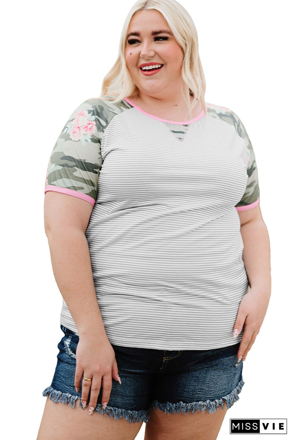 Gray Plus Size Camo Sleeve Striped Tee