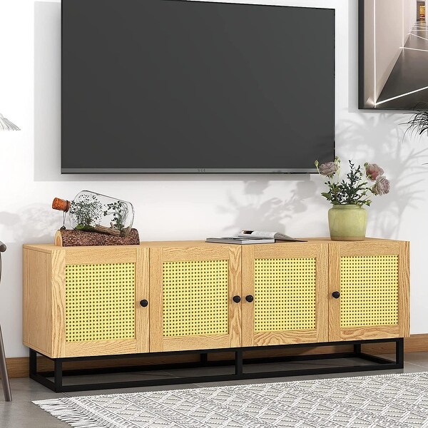 Rattan TV Stand for 65 Inch TV， Rustic TV Console Table with 4 Textured Rattan Doors and 2 Adjustable Panels