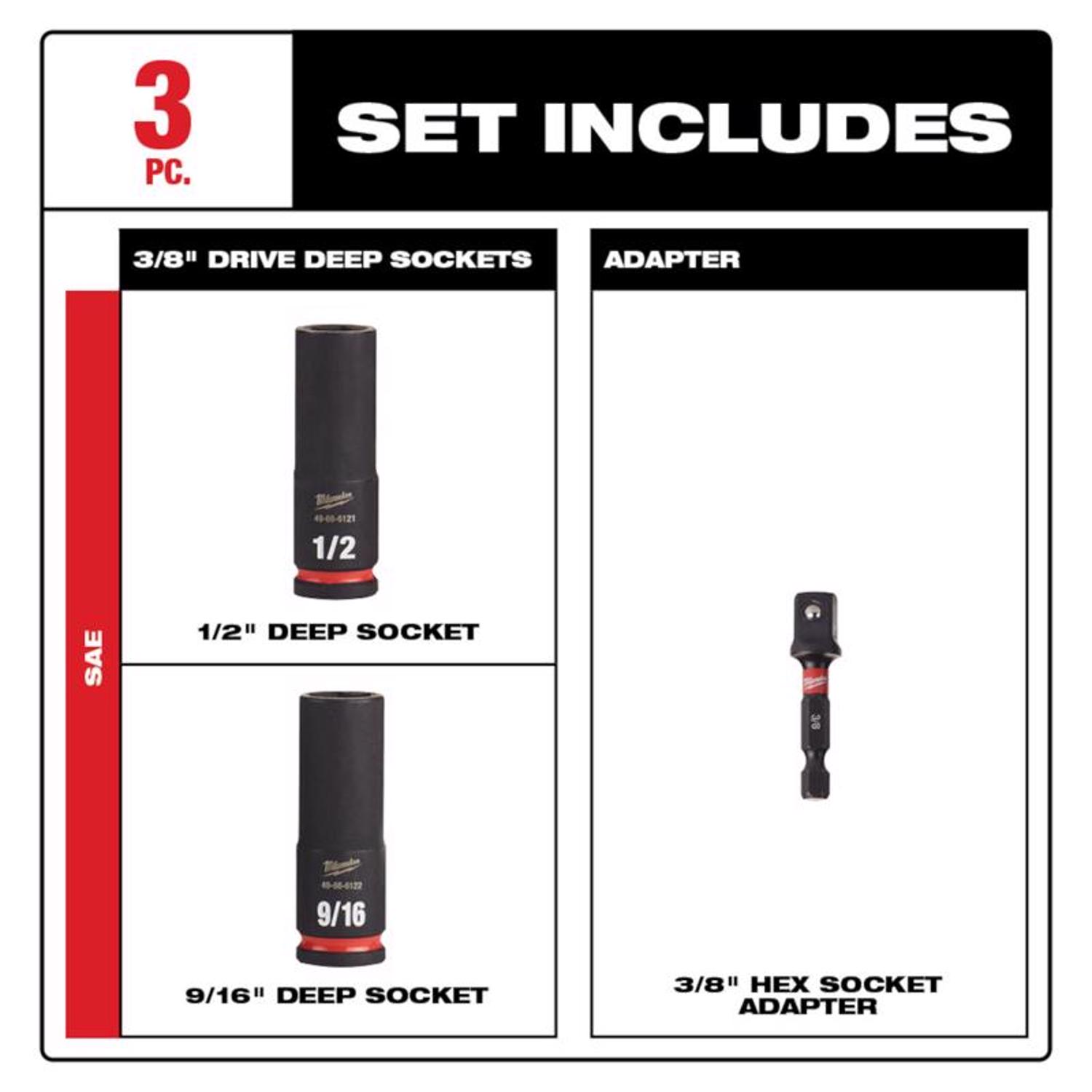 MW Shockwave 1/2 in. X 3/8 in. drive SAE 6 Point Deep Impact Socket Set 3 pc