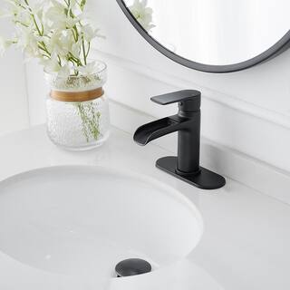 BWE Waterfall Single Handle Single Hole Modern Bathroom Faucet Bathroom Drip-Free Vanity Sink Faucet in Matte Black A-96071-B