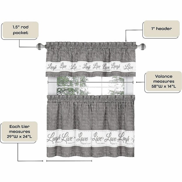 Kate Aurora Country Farmhouse Gingham Plaid Check Live laugh love 3 Pc Kitchen Curtain Set