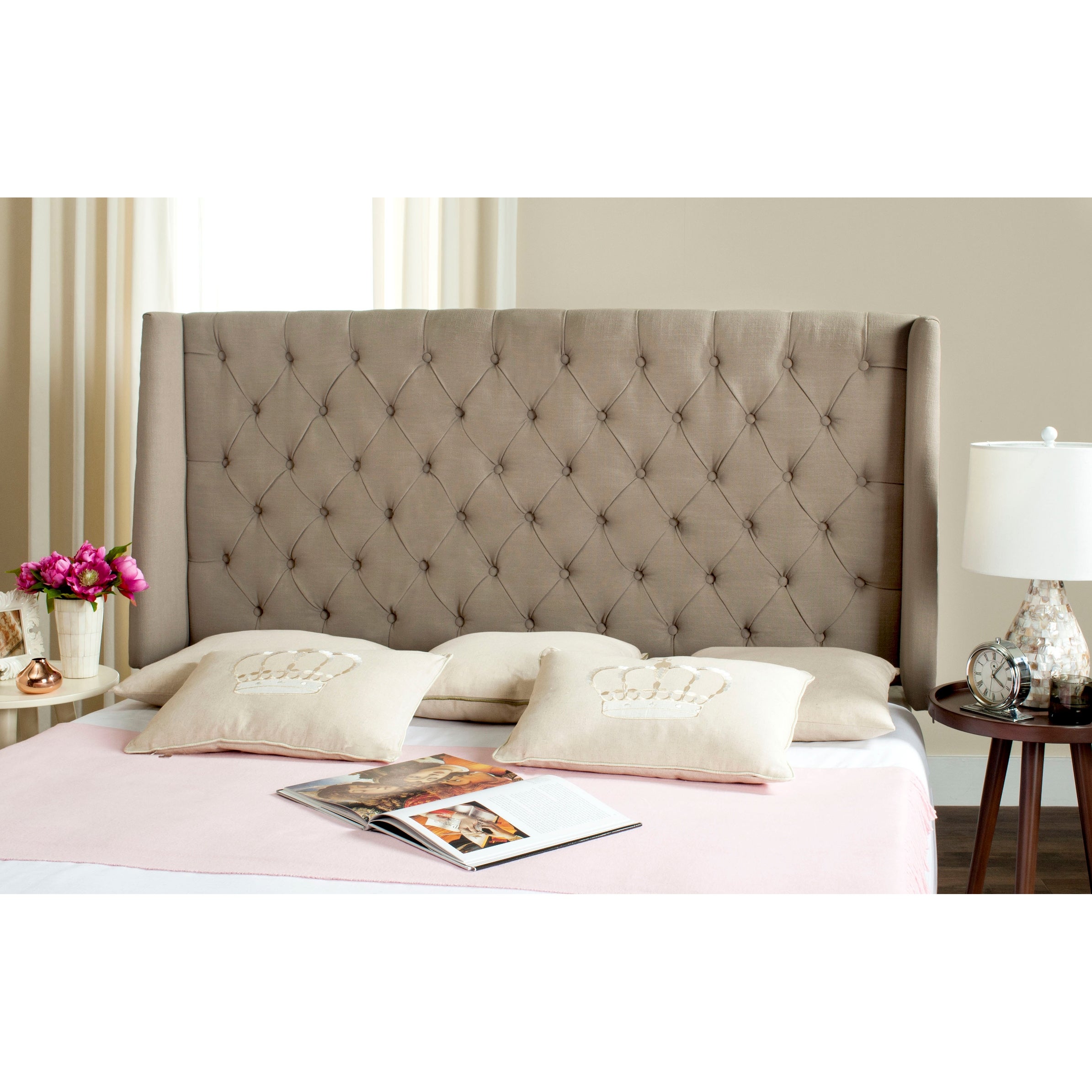 SAFAVIEH London Taupe Upholstered Tufted Wingback Headboard (Full) - - 11925573